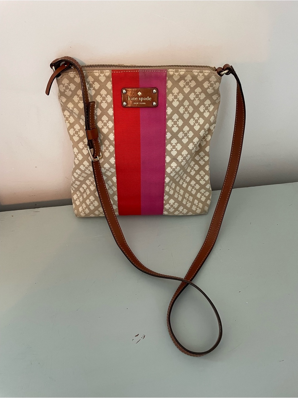 Kate Spade Beige Crossbody with Pink and Red Center Stripe
